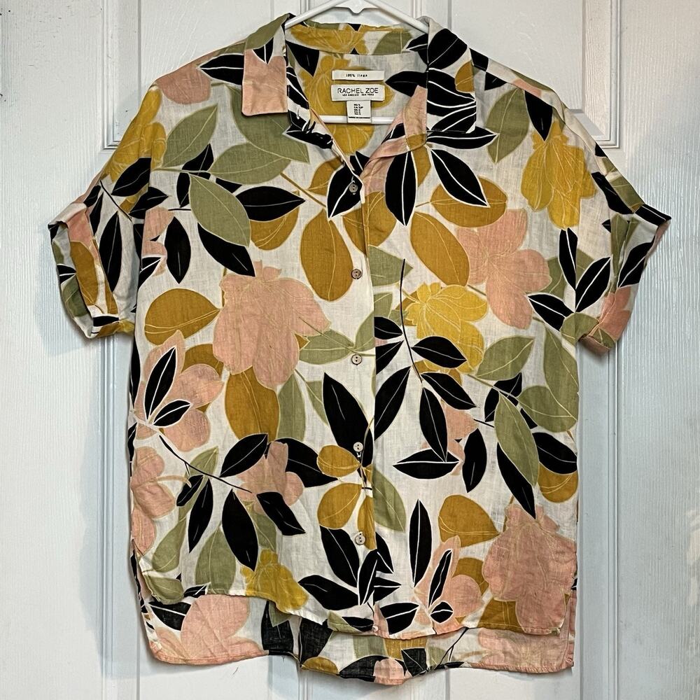 Rachel Zoe 100% Linen Top Botanical Tropical Leaves pleated buttonup small shirt - Picture 2 of 8
